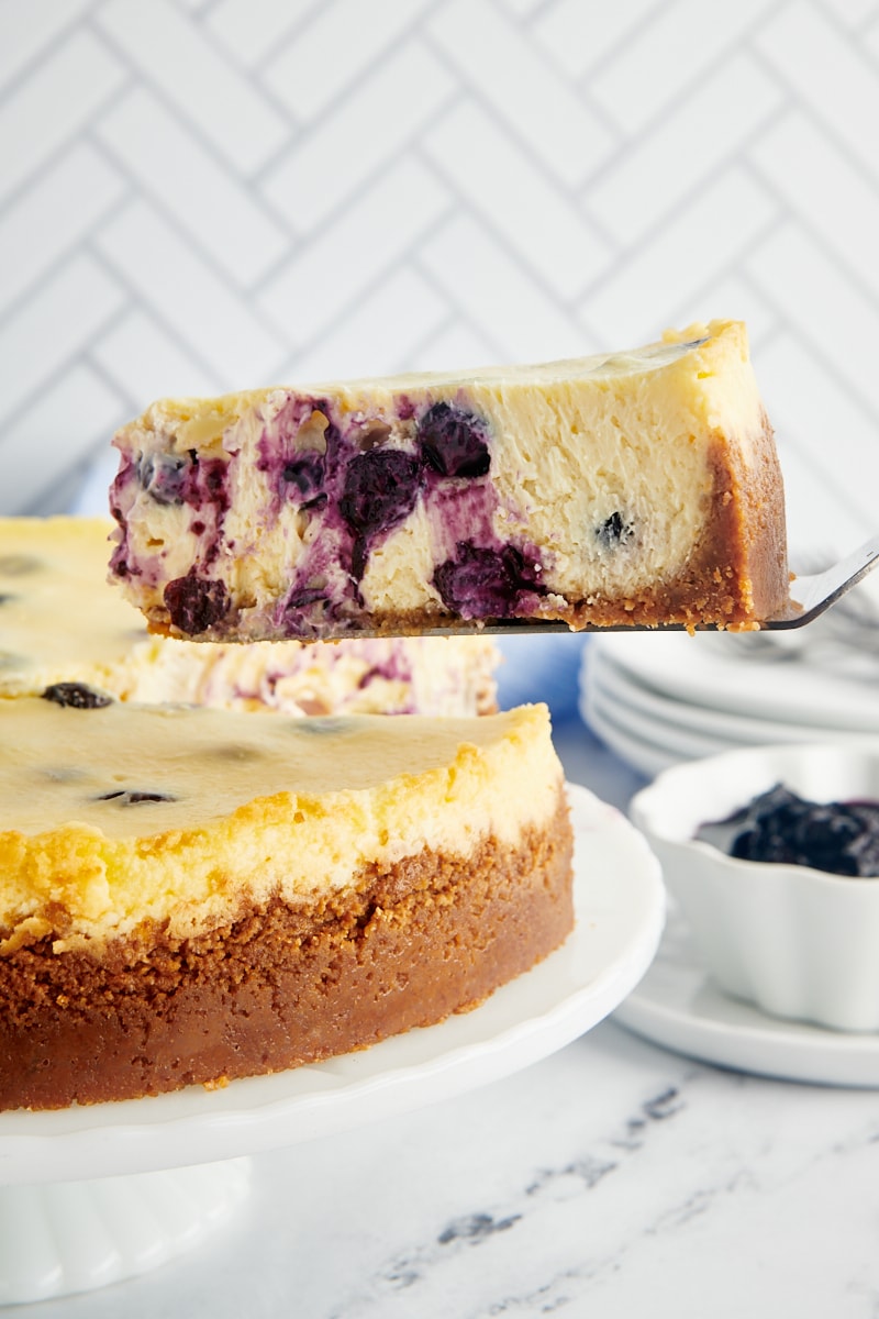 a slice of blueberry cheesecake on a cake server with the remaining cheesecake in the background