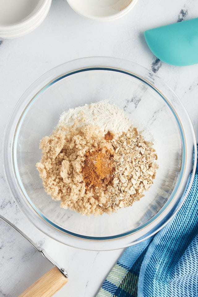 Overhead view of dry ingredients for crumble topping before mixing