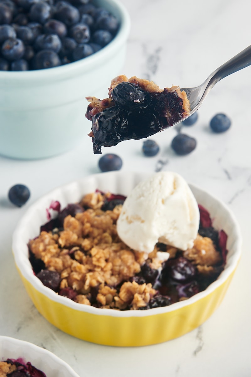 Spoonful of blueberry crumble held over small baking dish of crumble