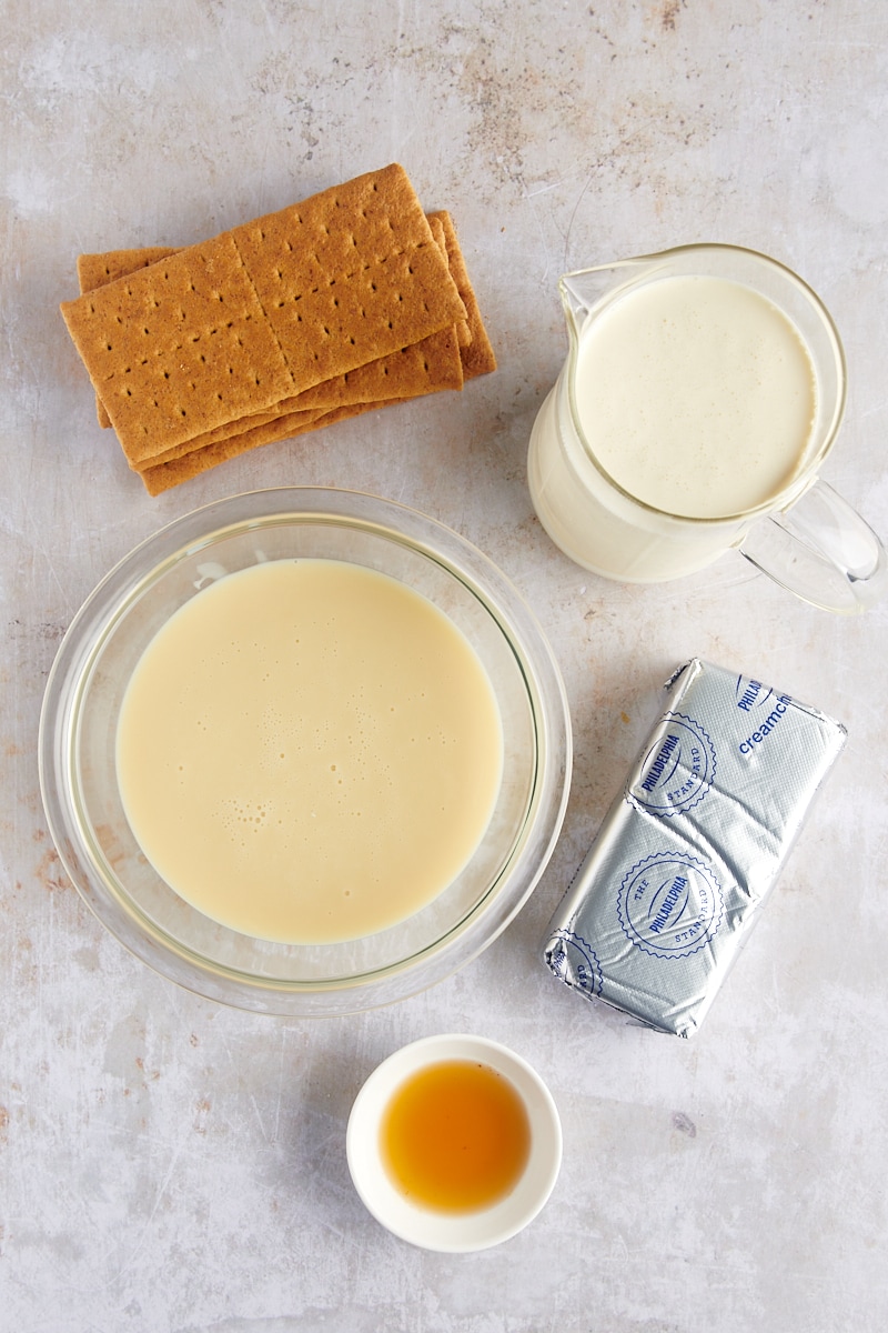 Overhead view of ingredients for cheesecake ice cream