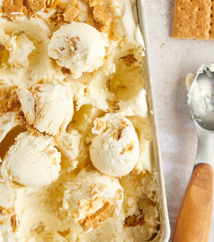 Overhead view of cheesecake ice cream in loaf pan