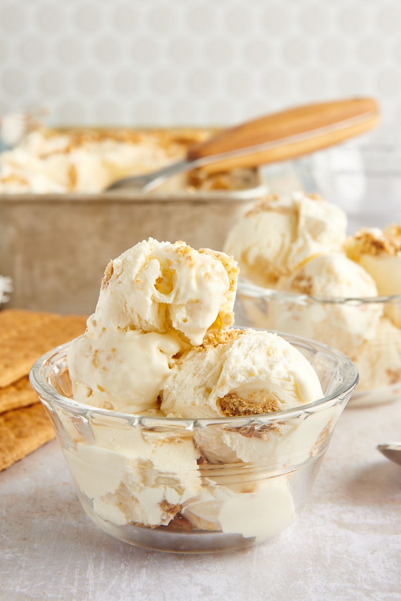 Two glass bowls with cheesecake ice cream, with pan of ice cream in background