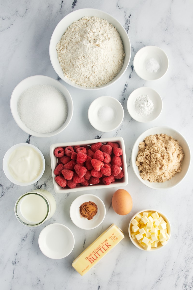 overhead view of ingredients for raspberry coffee cake