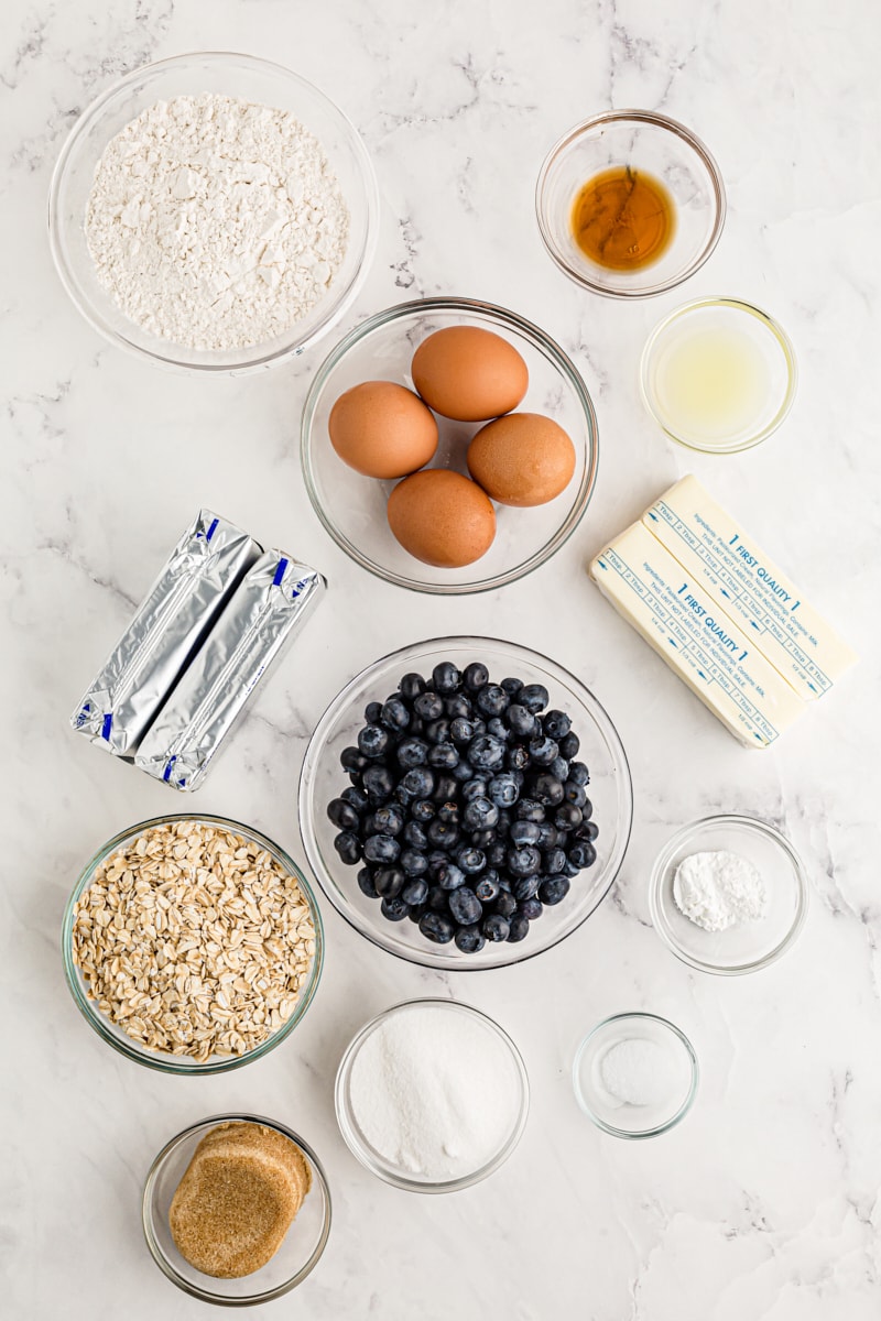Overhead view of ingredients for blueberry oat cheesecake bars