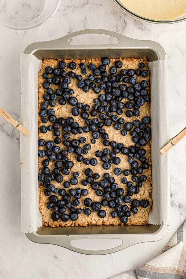 Overhead view of blueberries on oat crust in pan