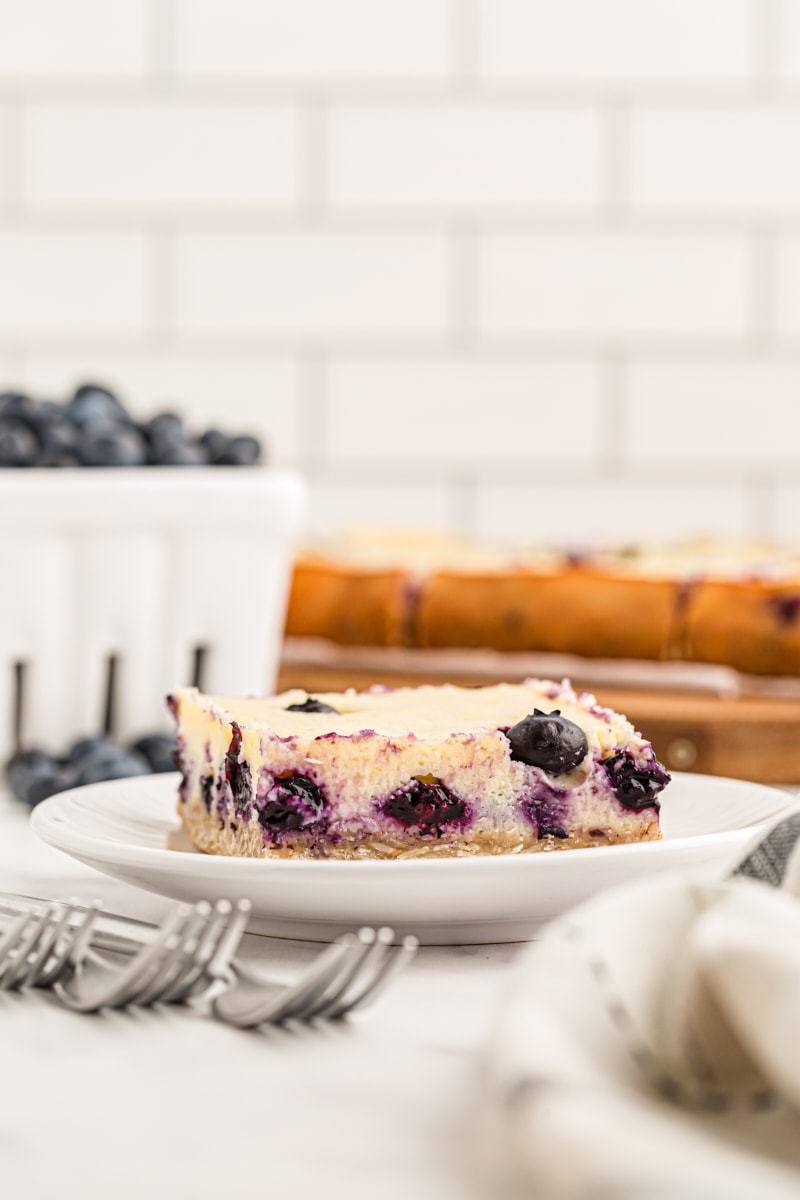 Blueberry oat cheesecake bar on white plate with pint of blueberries and additional bars in background