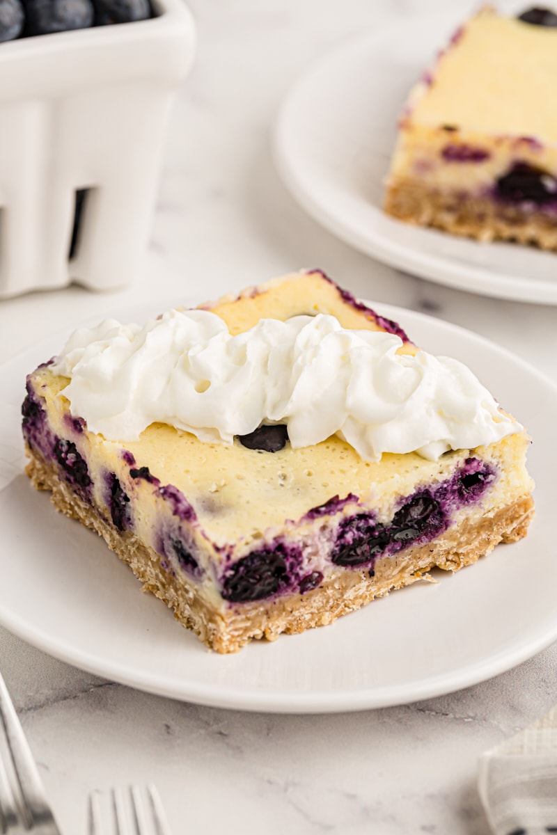 Blueberry oat cheesecake bar on plate with whipped cream on top