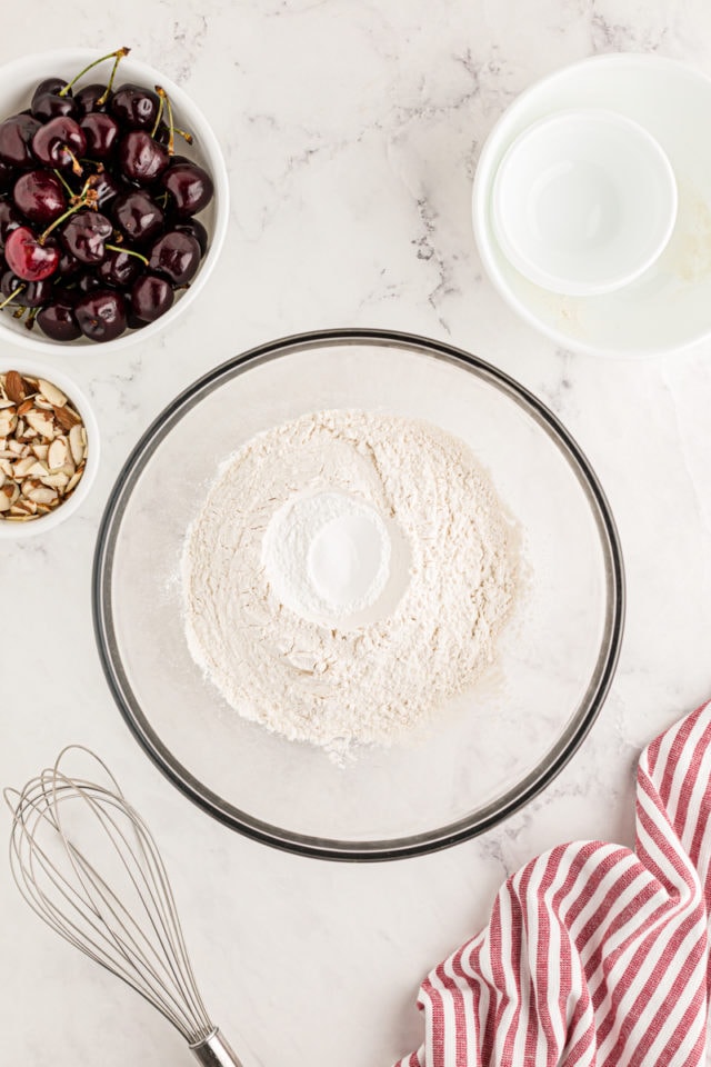 Overhead view of dry ingredients in mixing bowl before whisking