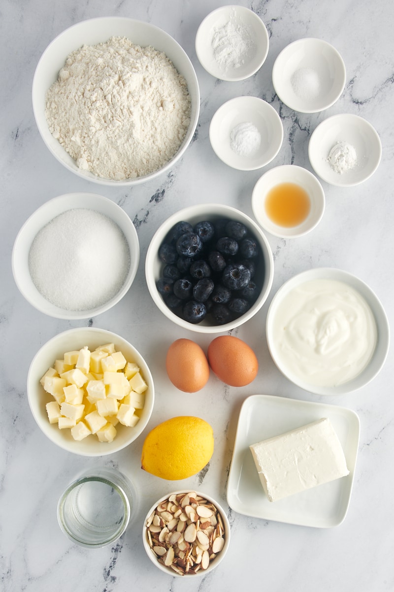 Overhead view of ingredients for blueberry cream cheese coffee cake