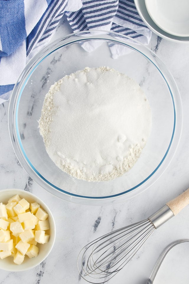 Overhead view of dry ingredients in mixing bowl