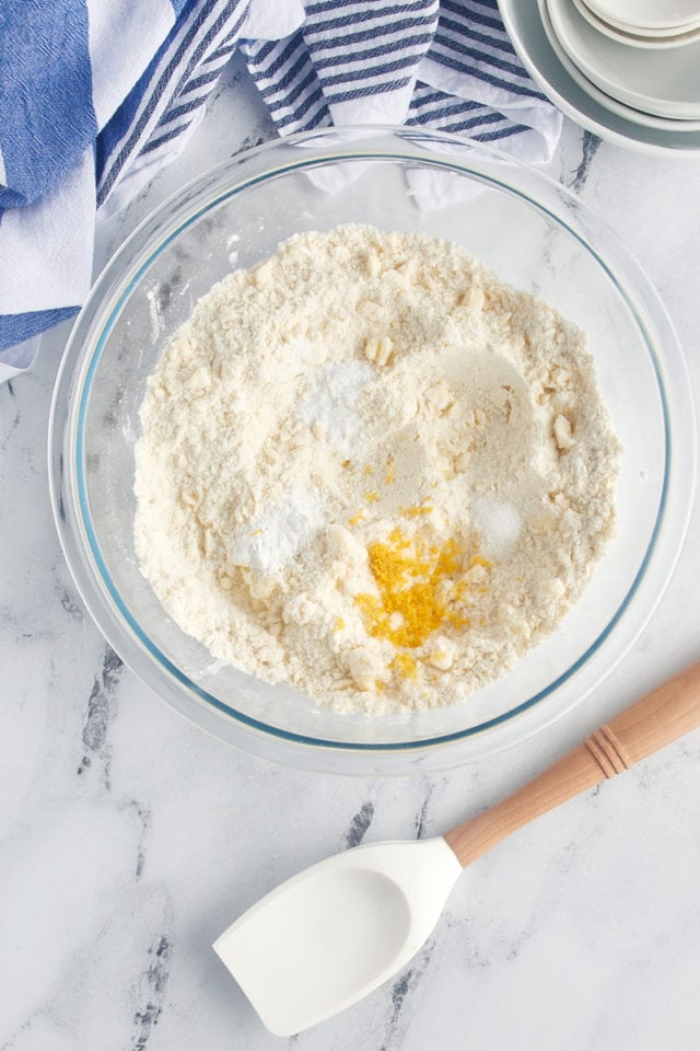 Overhead view of dry ingredients in mixing bowl before stirring