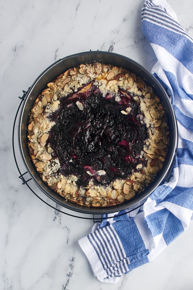 Overhead view of blueberry cream cheese coffee cake on wire cooling rack