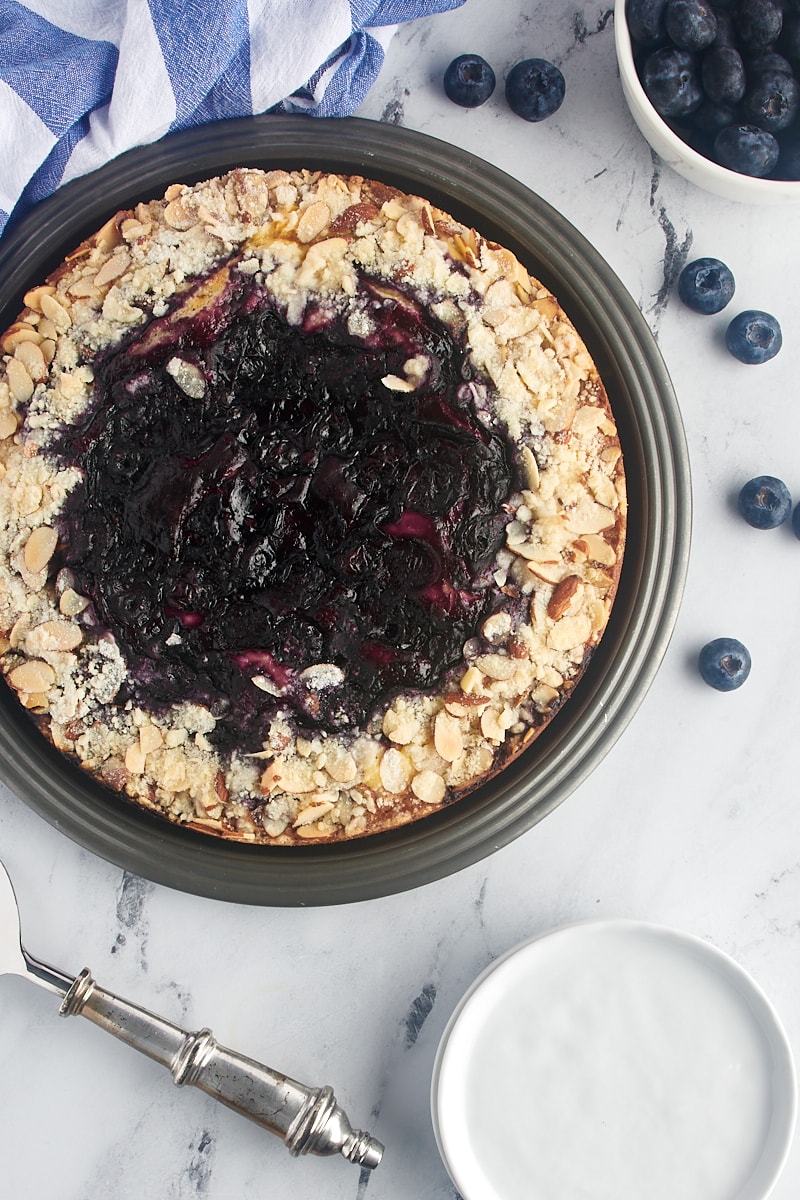 Overhead view of whole blueberry cream cheese coffee cake