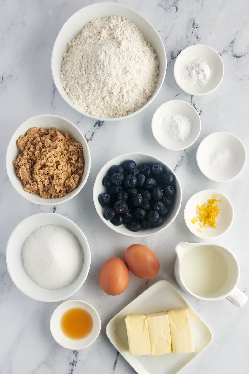 Overhead view of blueberry crumb muffin ingredients