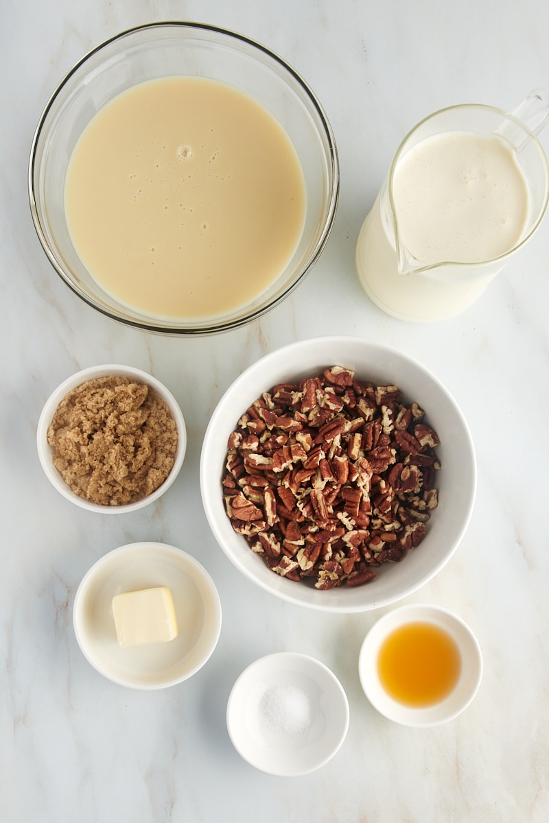 overhead view of ingredients for butter pecan ice cream