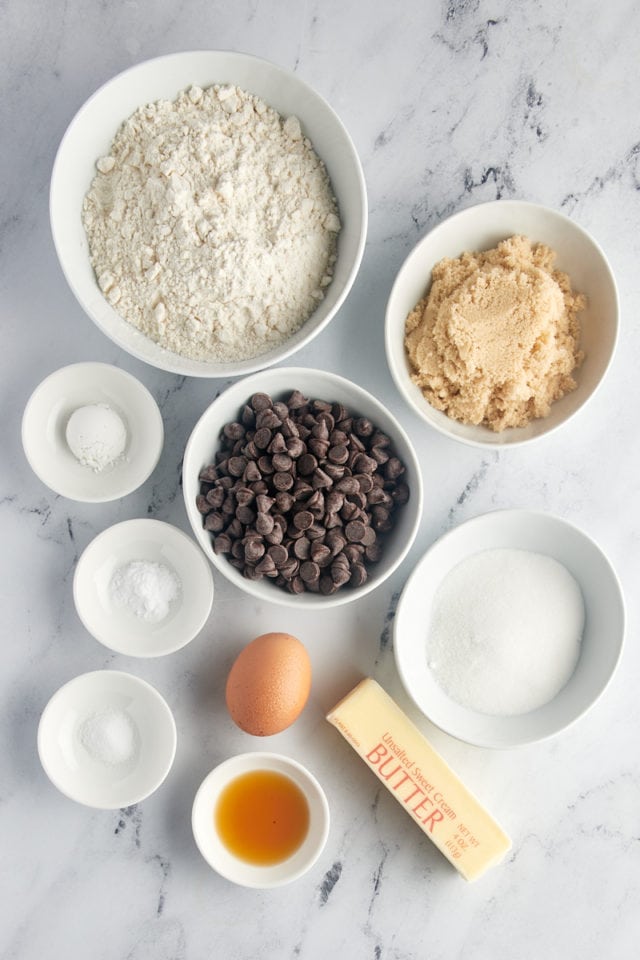 overhead view of ingredients for chocolate chip cookie cake