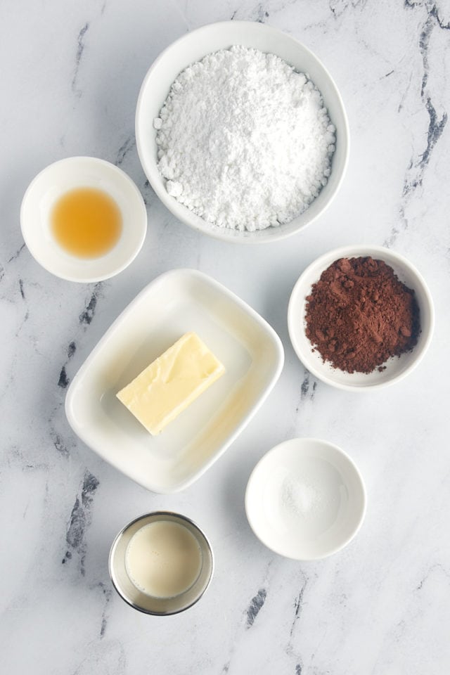 overhead view of ingredients for chocolate frosting