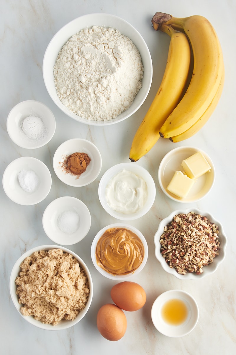 Overhead view of ingredients for peanut butter banana bread