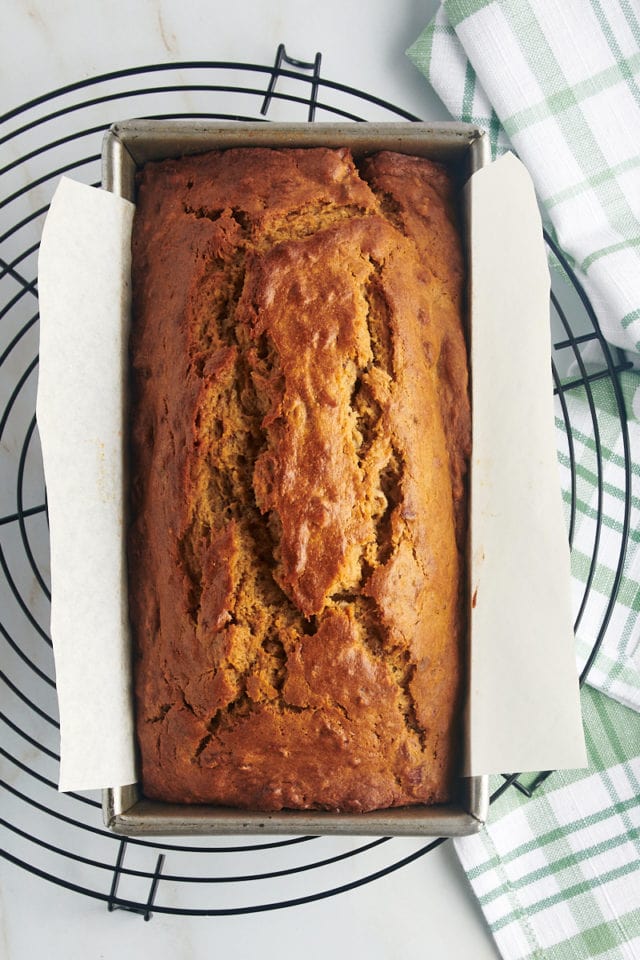 Overhead view of peanut butter banana bread in loaf pan