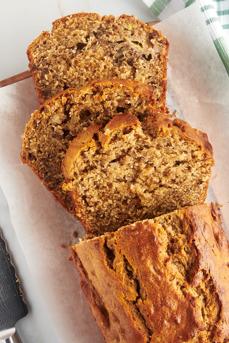 Overhead view of sliced loaf of peanut butter banana bread