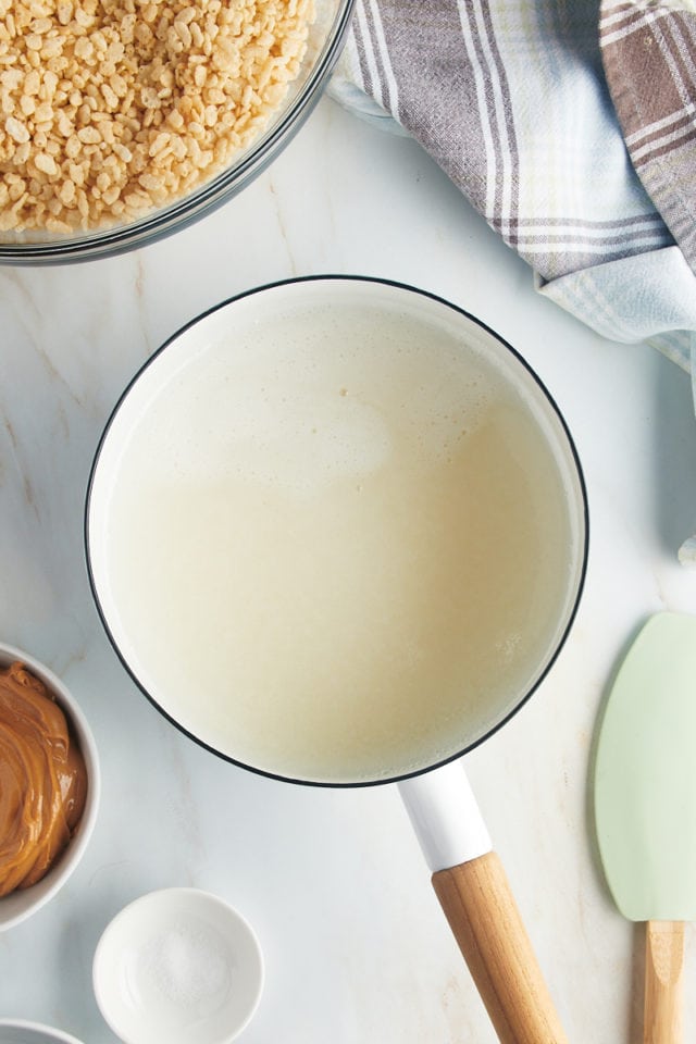 Overhead view of syrup mixture in saucepan