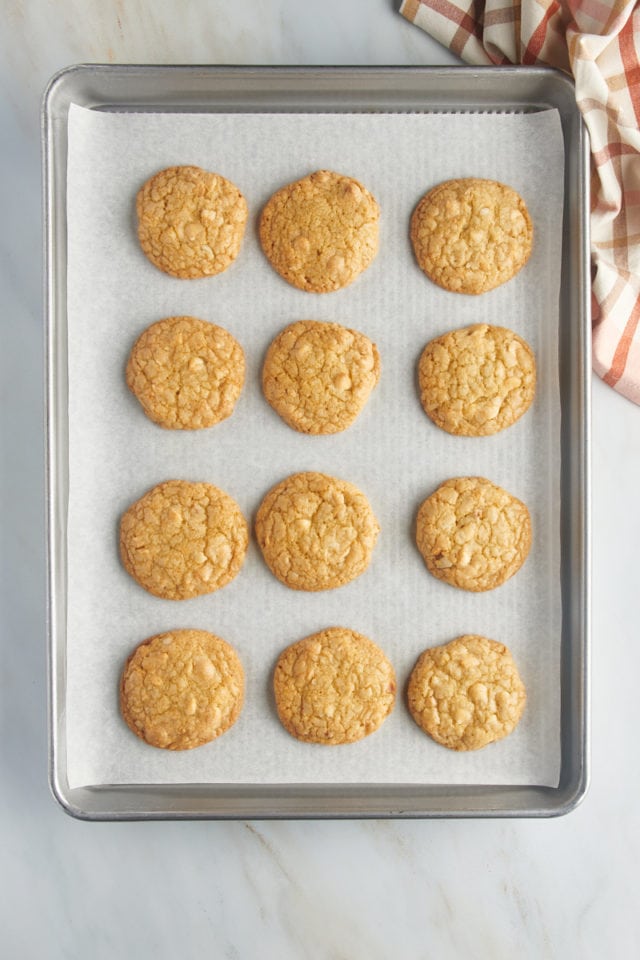 Overhead view of white chocolate macadamia nut cookies on a baking sheet.