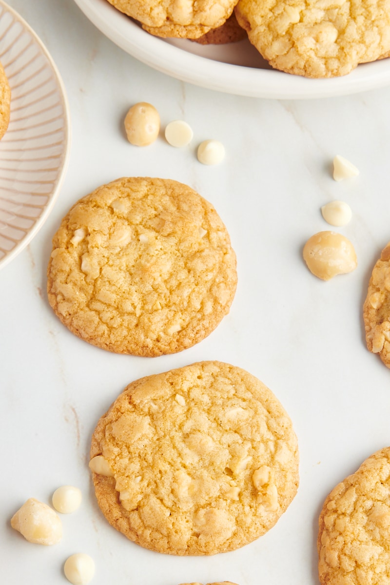 Overhead view of white chocolate macadamia nut cookies.