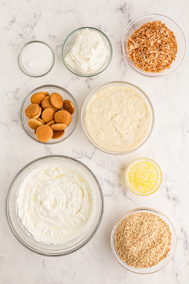 Overhead view of ingredients for coconut cream pie bars
