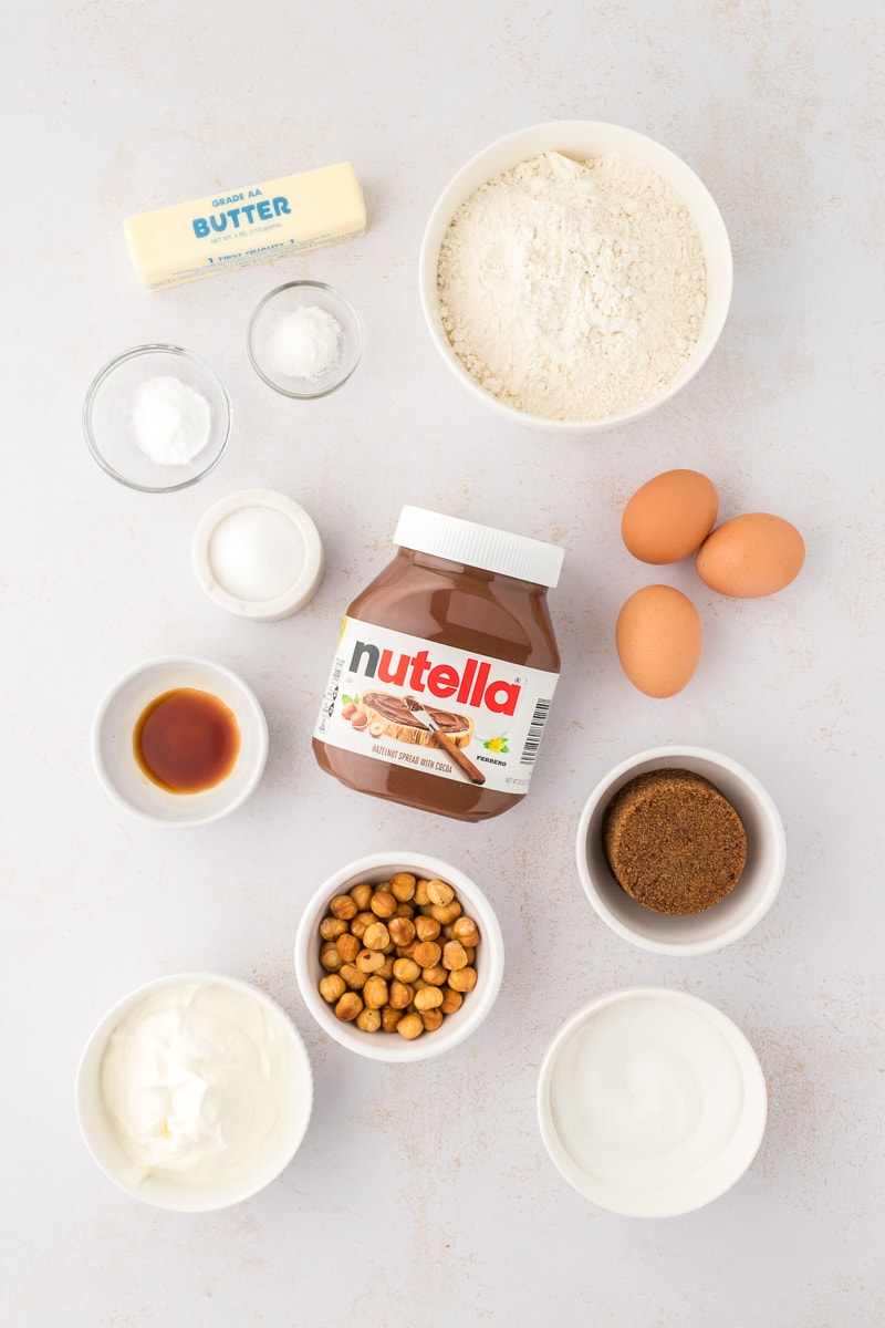Overhead view of ingredients for chocolate hazelnut cake