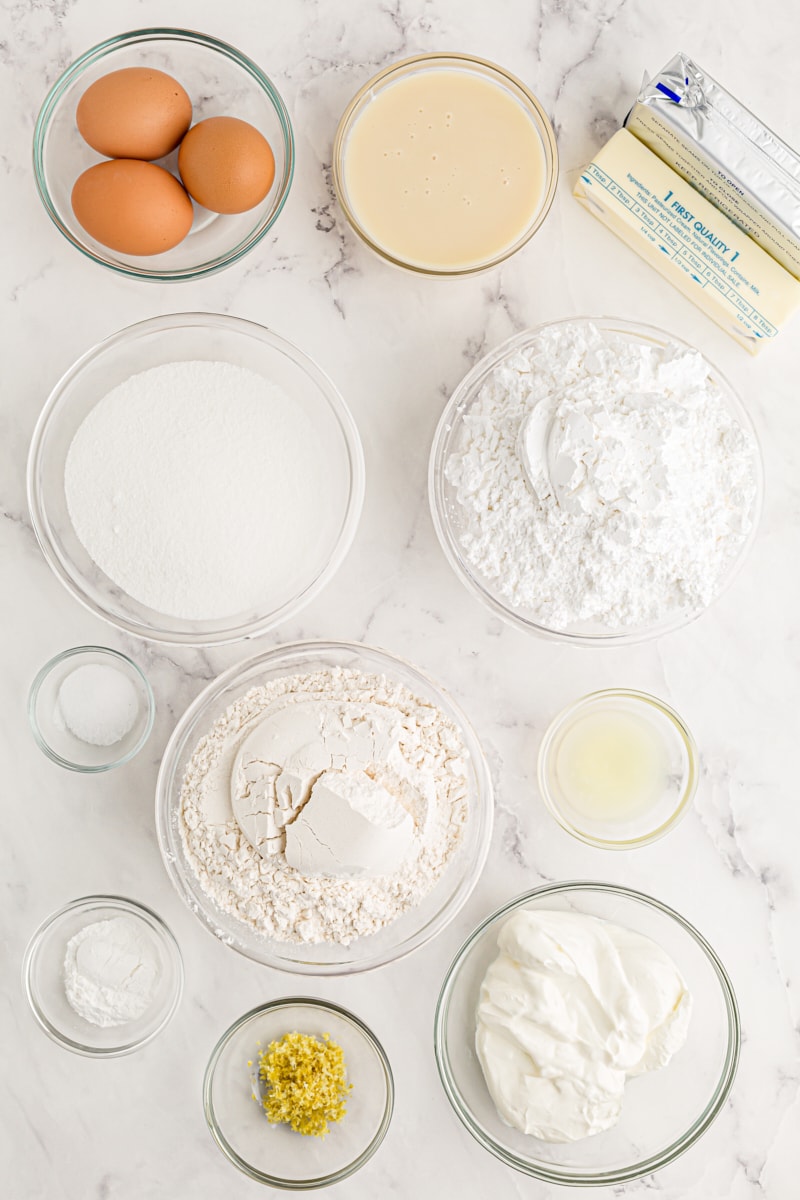 Overhead view of ingredients for lemon poke cake