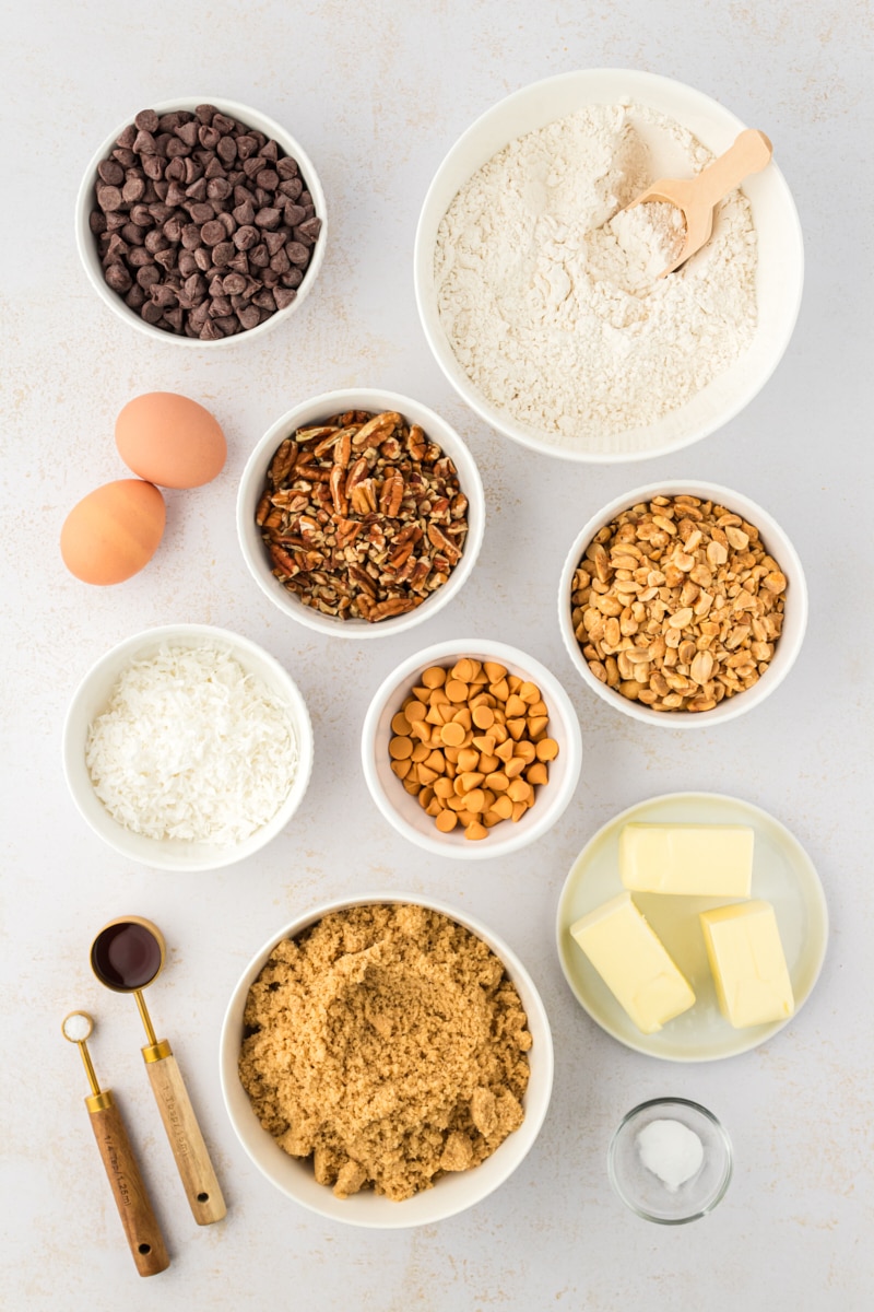 overhead view of ingredients for toffee squares