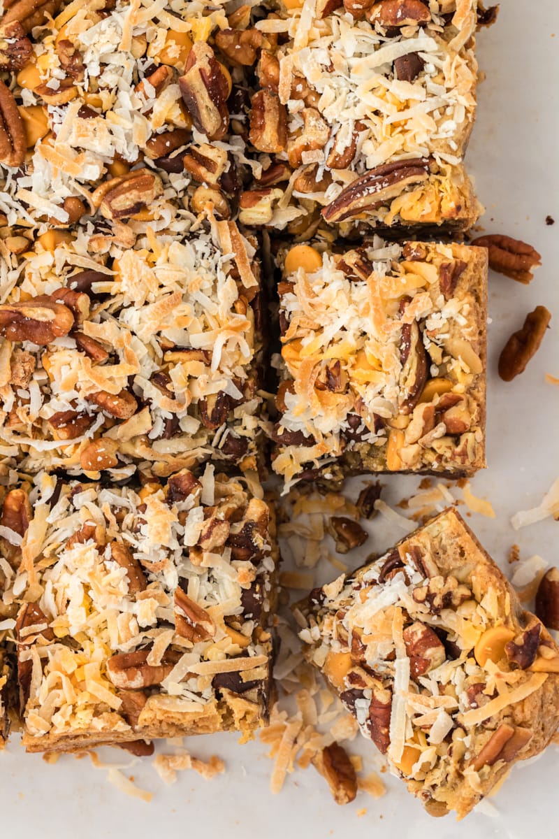 overhead view of sliced toffee squares on parchment paper