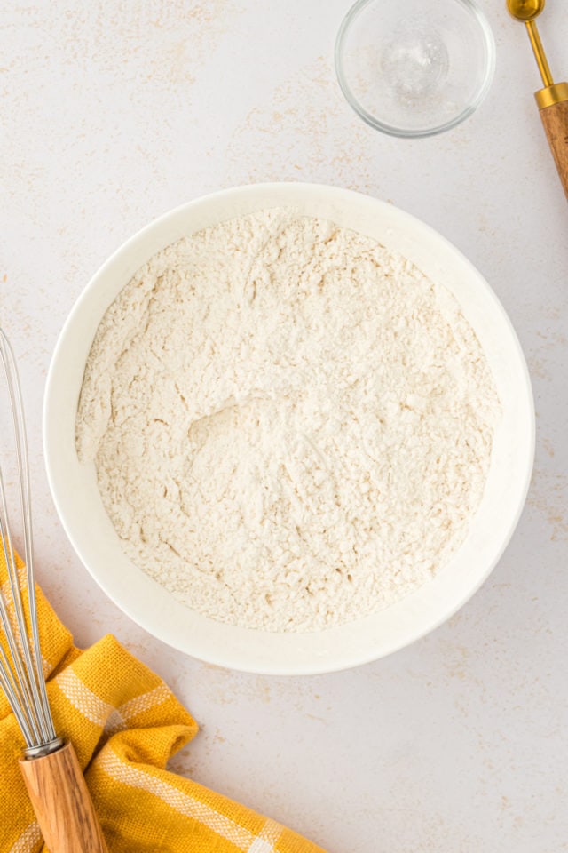 overhead view of mixed dry ingredients for toffee squares