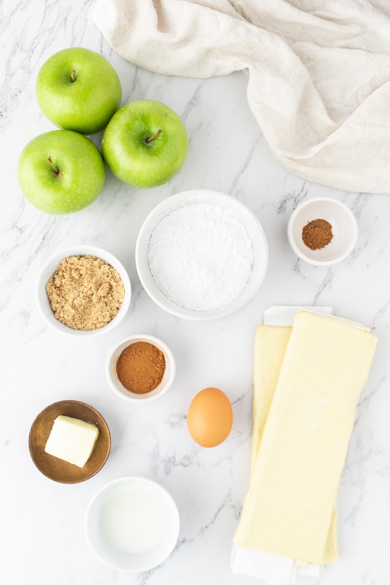 overhead view of ingredients for apple strudel