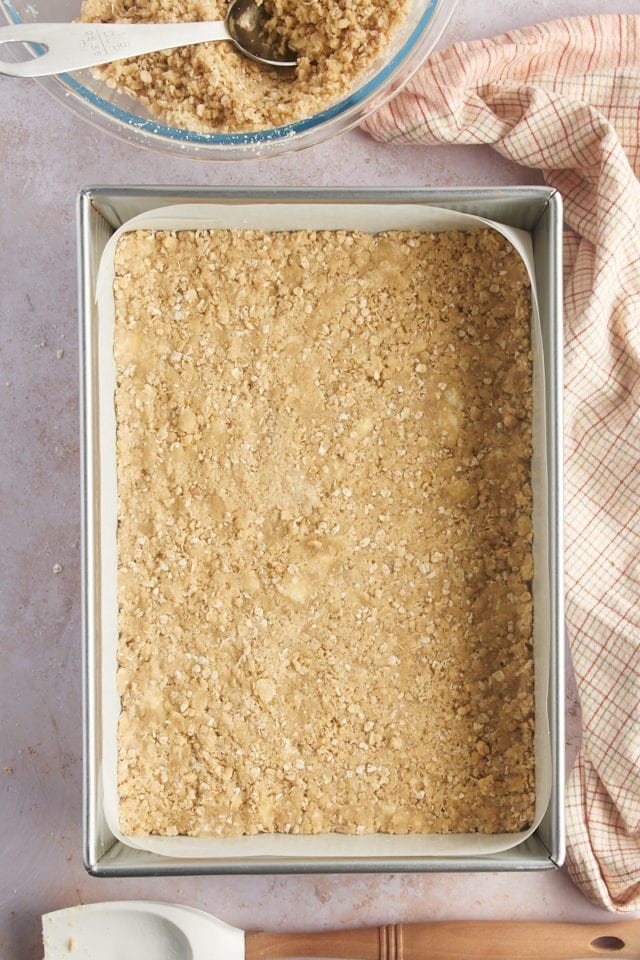 Overhead view of oat crust in pan