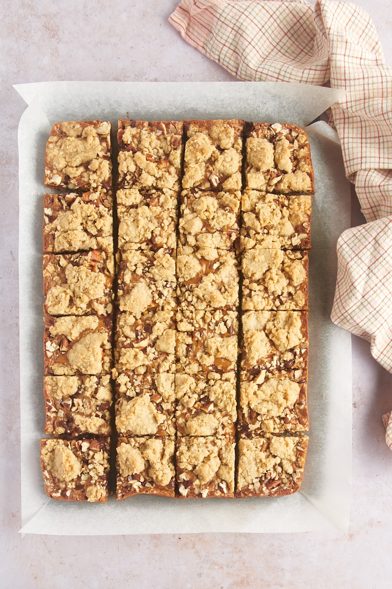 Overhead view of cut carmelita bars