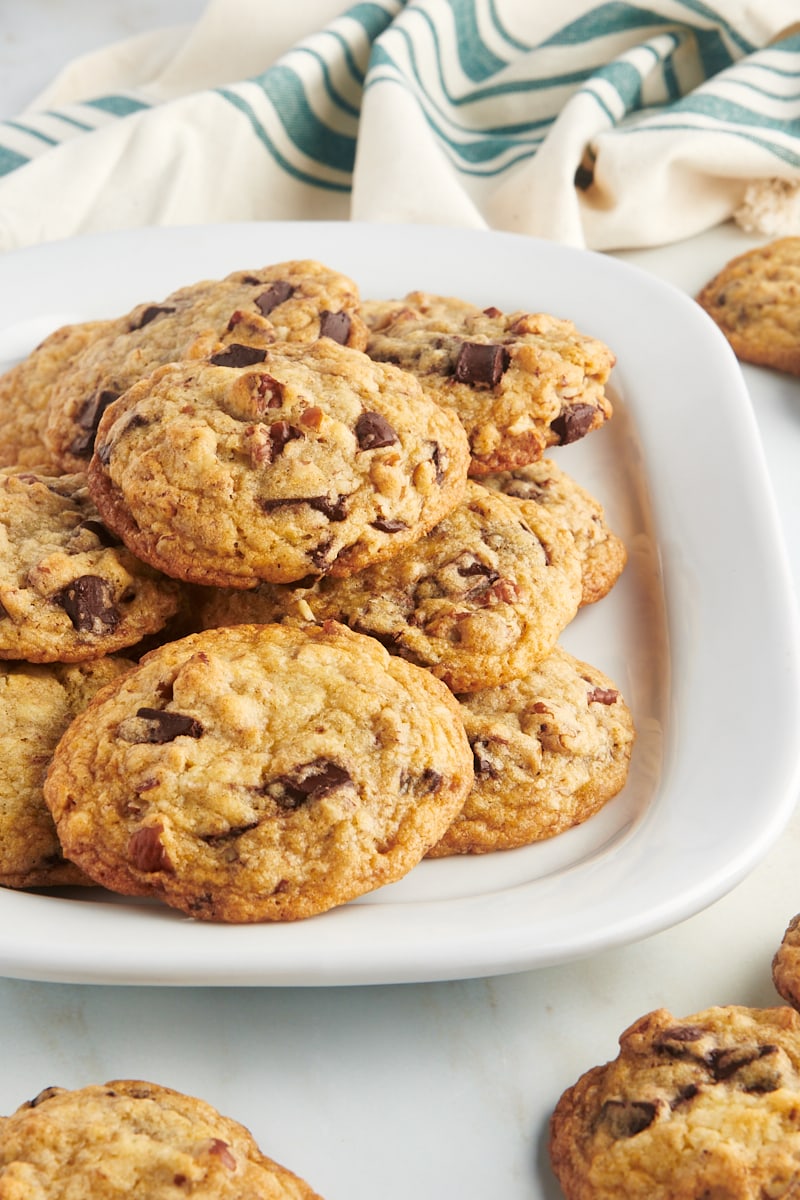 Chocolate chunk pecan cookies on serving platter