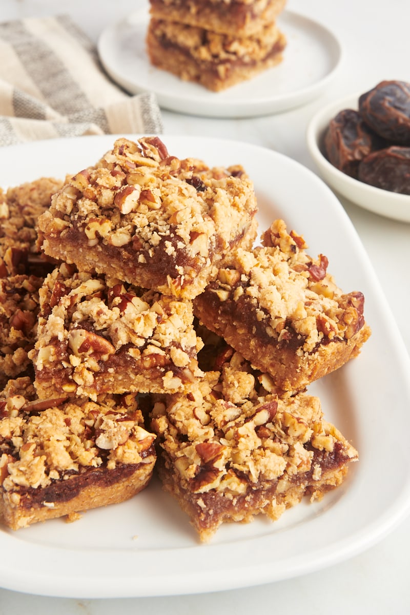 Serving platter with stack of date bars