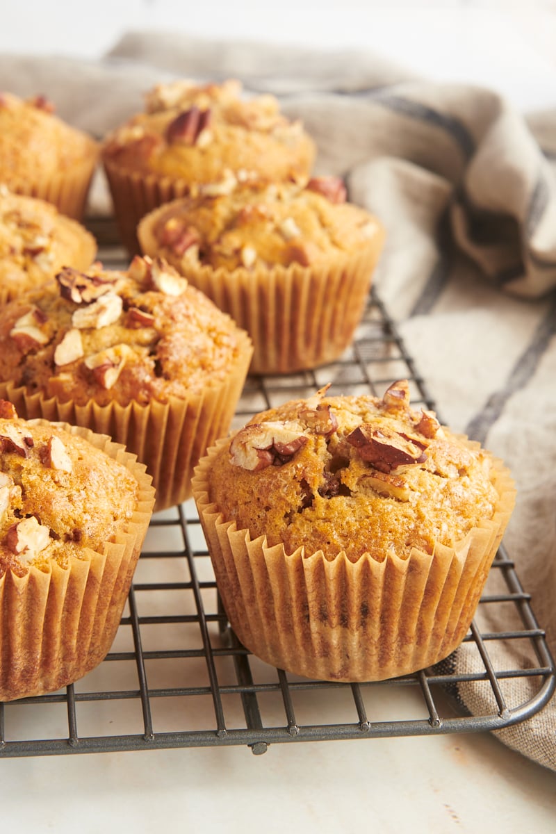 date nut muffins on a wire cooling rack