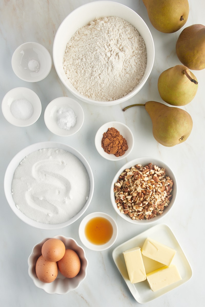 Overhead view of pear bread ingredients