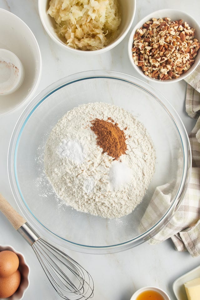 Overhead view of dry ingredients in bowl before whisking