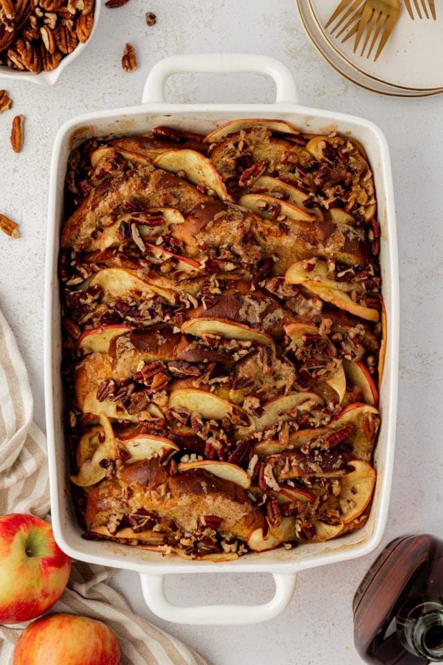 Overhead view of apple cinnamon baked French toast in baking dish
