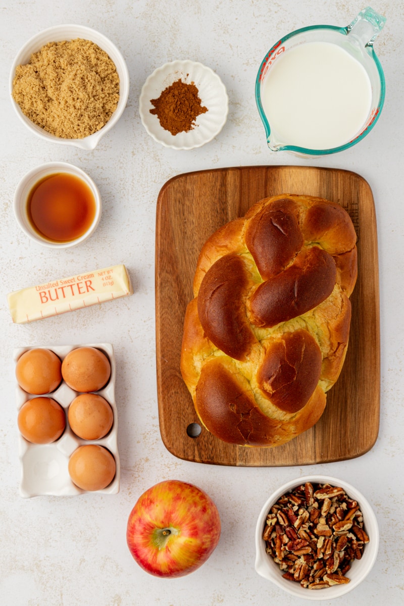 Overhead view of ingredients for apple cinnamon baked French toast