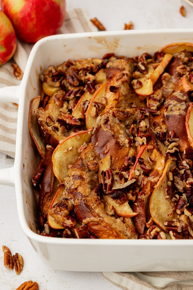 Baking pan of apple cinnamon baked French toast