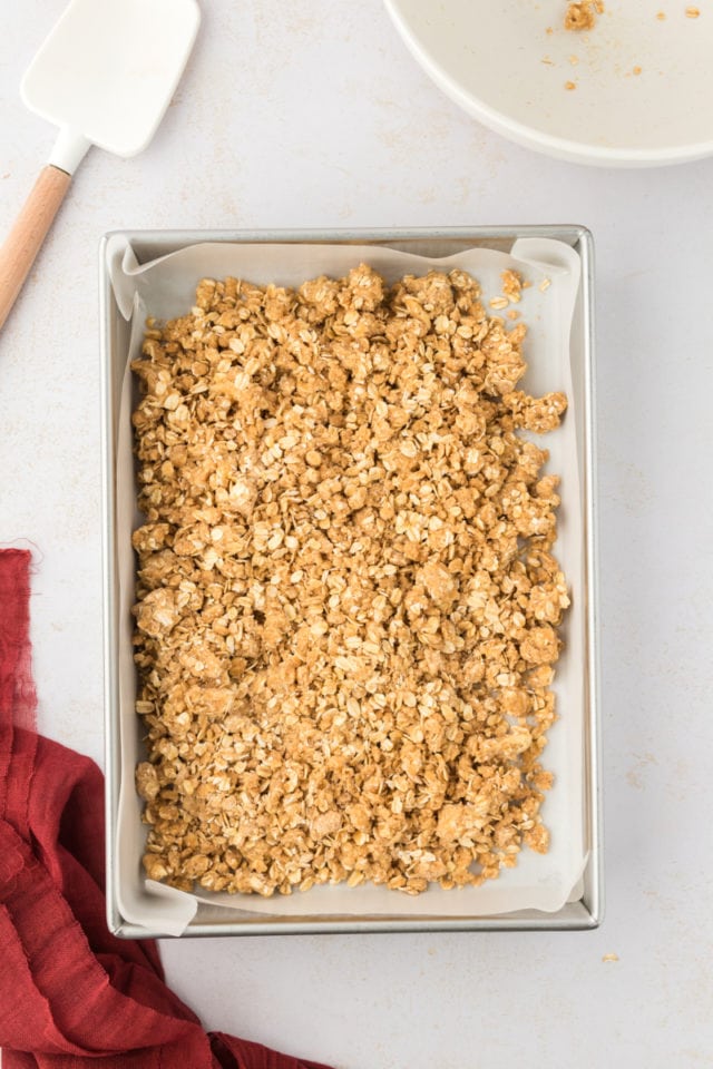 Overhead view of crust mixture in pan