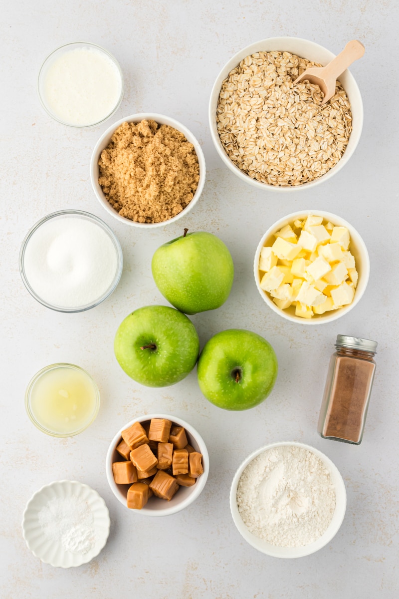 Overhead view of ingredients for caramel apple bars