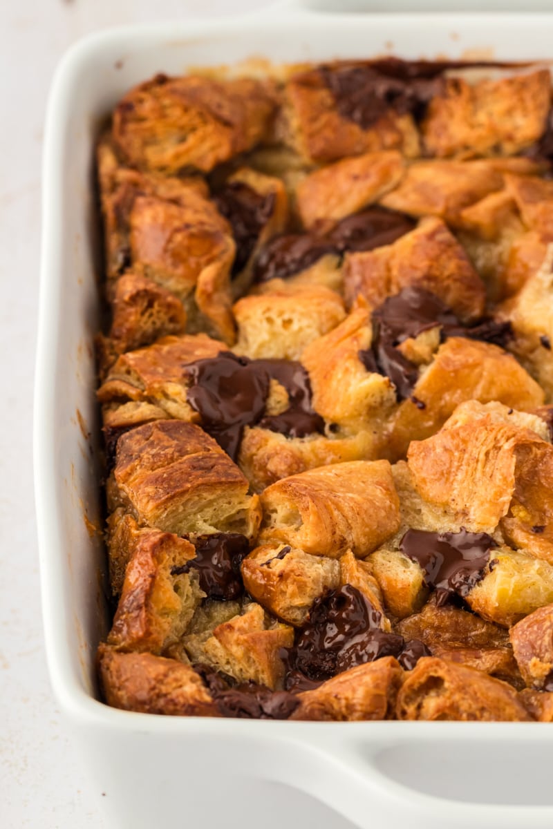 Baking dish of chocolate croissant bread pudding