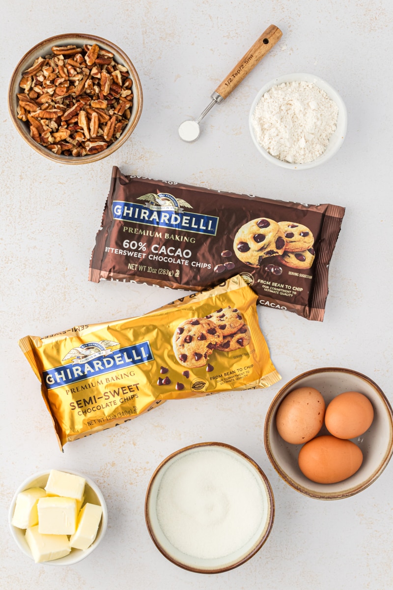 Overhead view of ingredients for double chocolate cookies