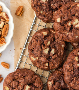 Overhead view of double chocolate cookies on wire rack