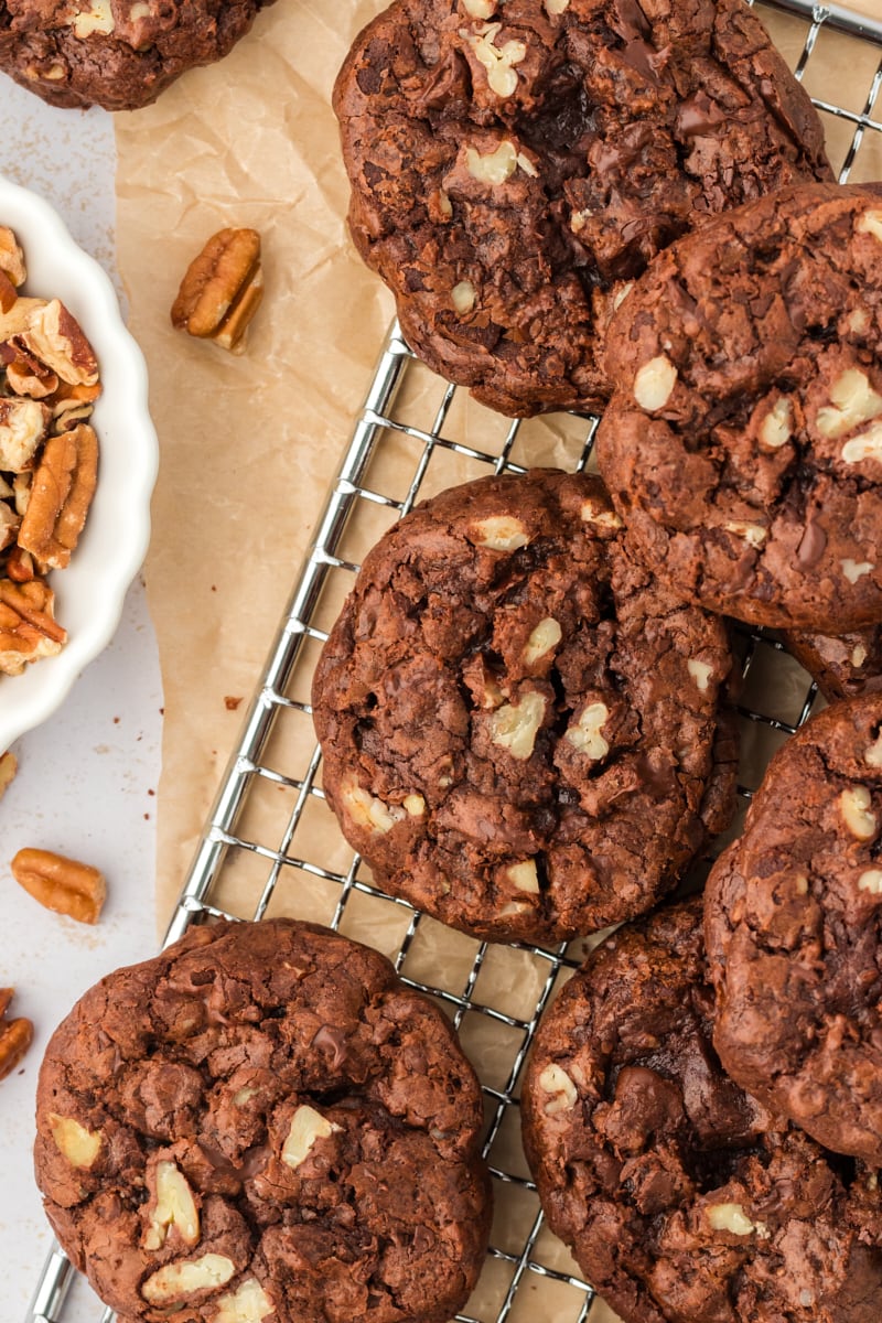 Overhead view of double chocolate cookies on wire rack